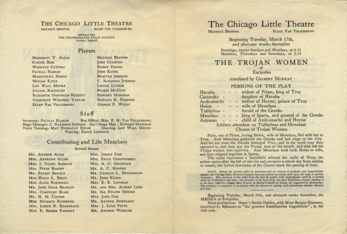 Program for The Trojan Women, Chicago Little Theatre, 1914