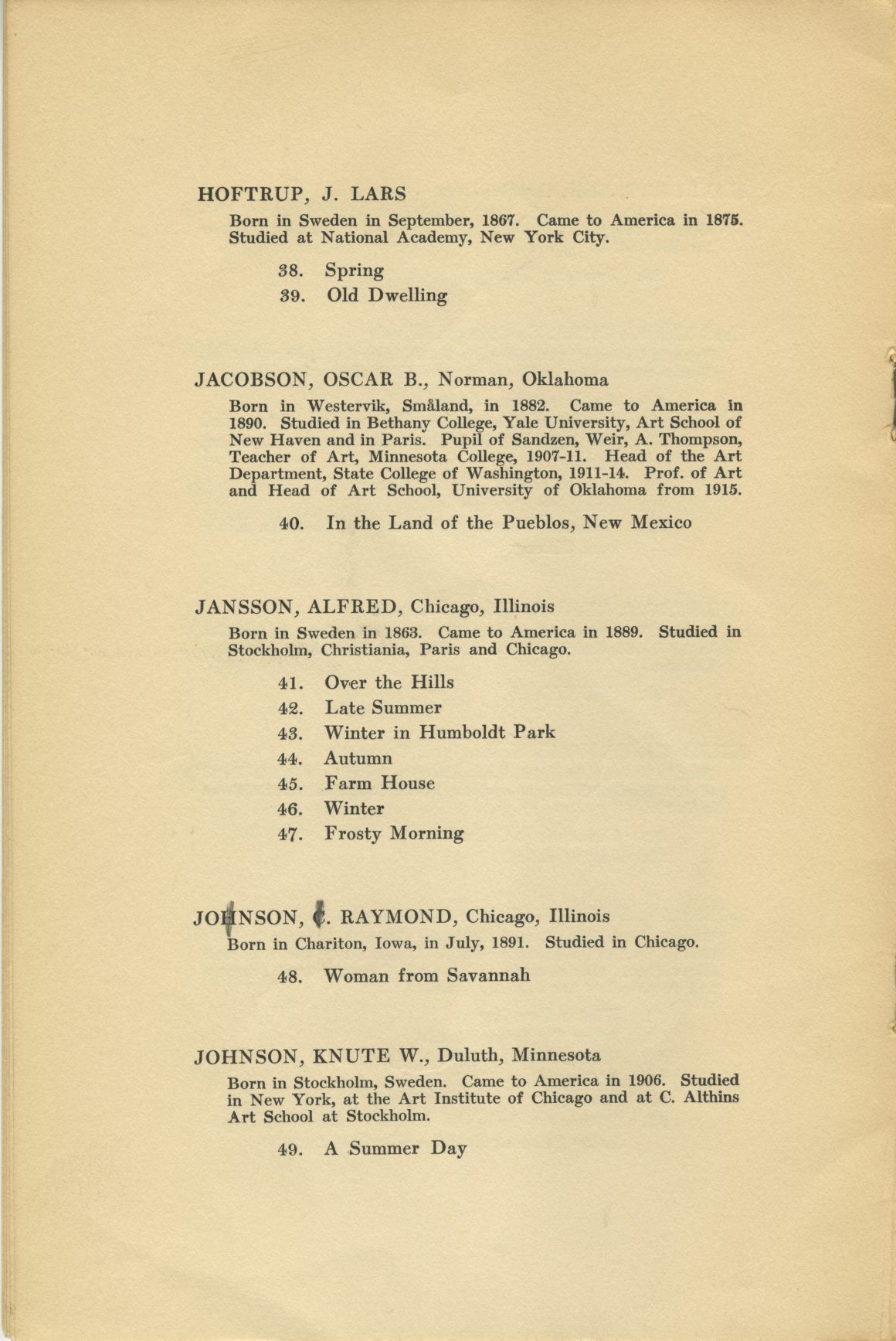 Exhibition Catalog, American Painters of Swedish Descent, New York, 1920
