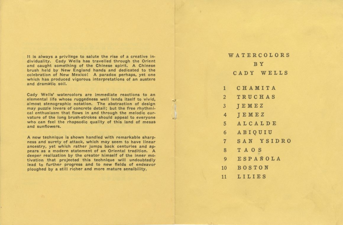 Brochure for an exhibition of paintings by Agnes Pelton, drawings by Raymond Jonson, and watercolors by Cady Wells at the Museum of New Mexico in Santa Fe from September 25th to October 25th, 1933.