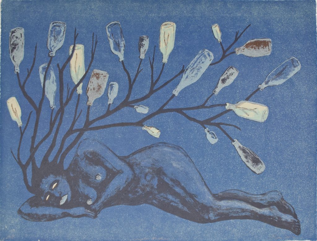 A black outline of a nude woman laying down against a dark blue background. Her hair transforms into branches with clear bottles hanging from the ends.