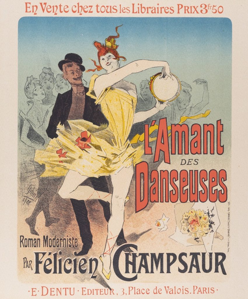 A print advertisement for a French novel. The advertisement depicts a French dancer in a yellow dress in the foreground, with a man in dark clothing behind her, and additional shadowed figured in the background.