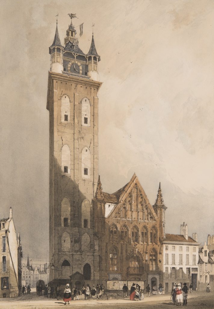 A print showcasing the Belfry of Ghent, a tall, medieval tower that overlooks surrounding buildings. The style of the print mimics watercolor, with soft and muted tones.