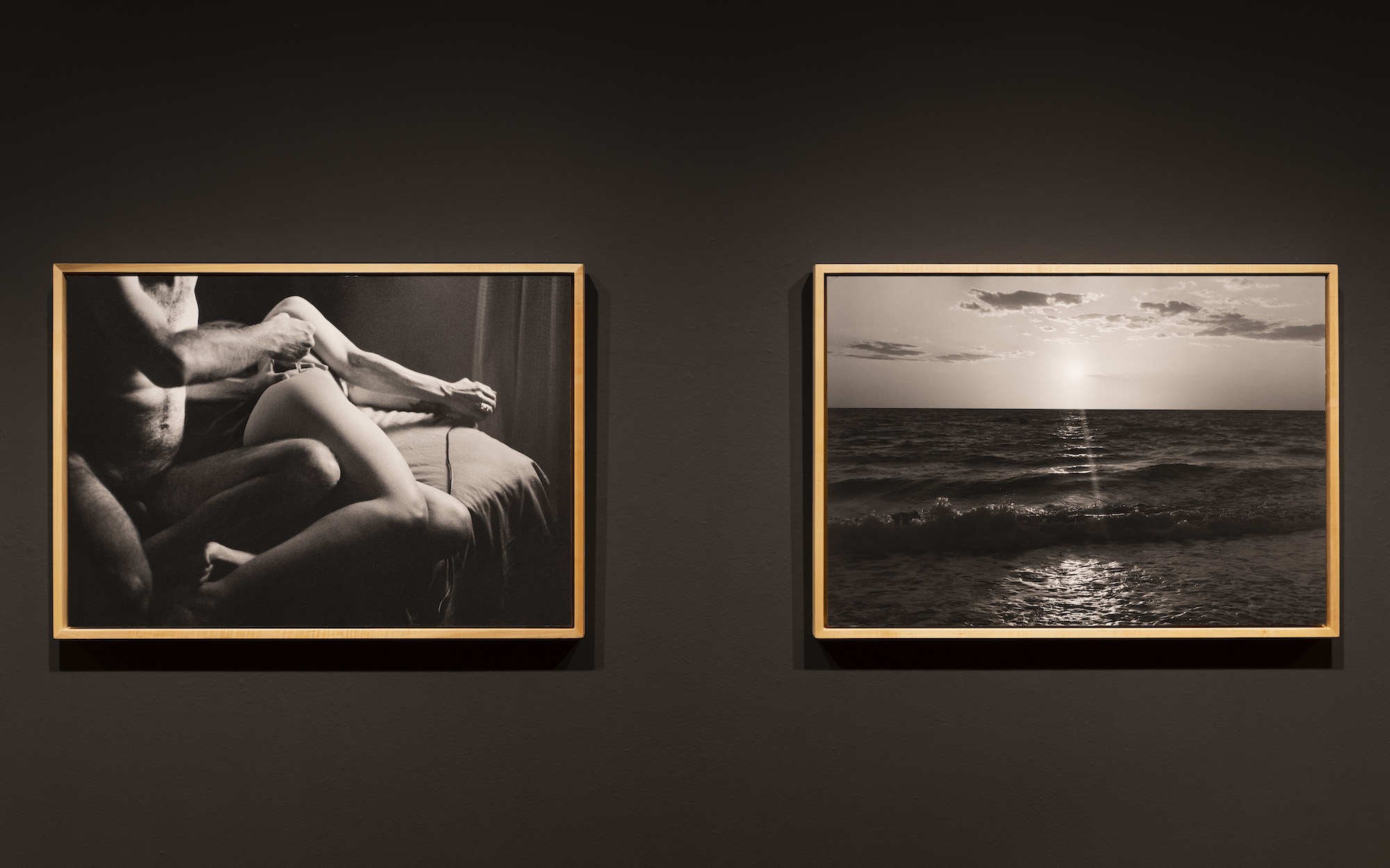 A black wall with two large, rectangular, black and white photographs. The photograph on the left shows a nude man giving an IVF shot to a nude woman laying on a bed. The photograph on the right shows the moon shining across an ocean, with light clouds in the sky.