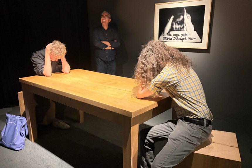 Graduate students explore ArtVault 's Laurie Anderson, Handphone Table at Ephemeral Acts exhibit
