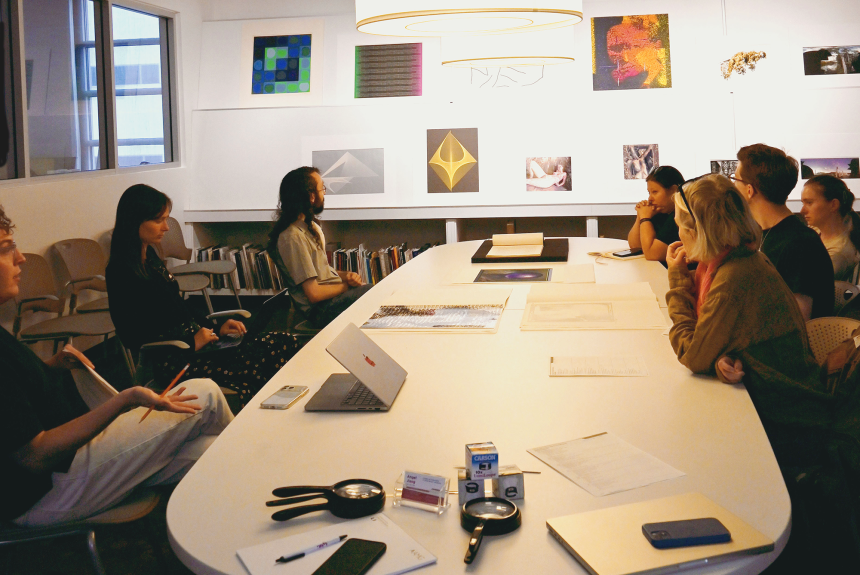 Students in the Contemporary Perspectives on the Art Museum class participate in a seminar in the Beaumont Newhall Study Room