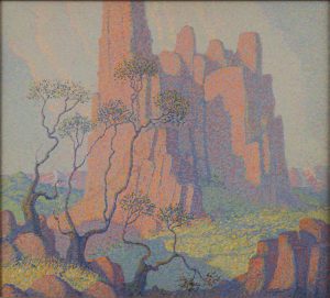 Red Rocks - Colorado, 1918, an oil painting on canvas by Raymond Jonson.