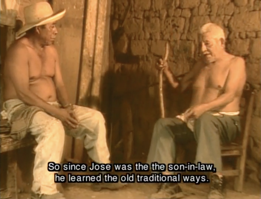 Still from the film "Ama: La Memoria del Tiempo." The subtitle on the still reads "So since Jose was the son-in-law, he learned the old traditional ways."