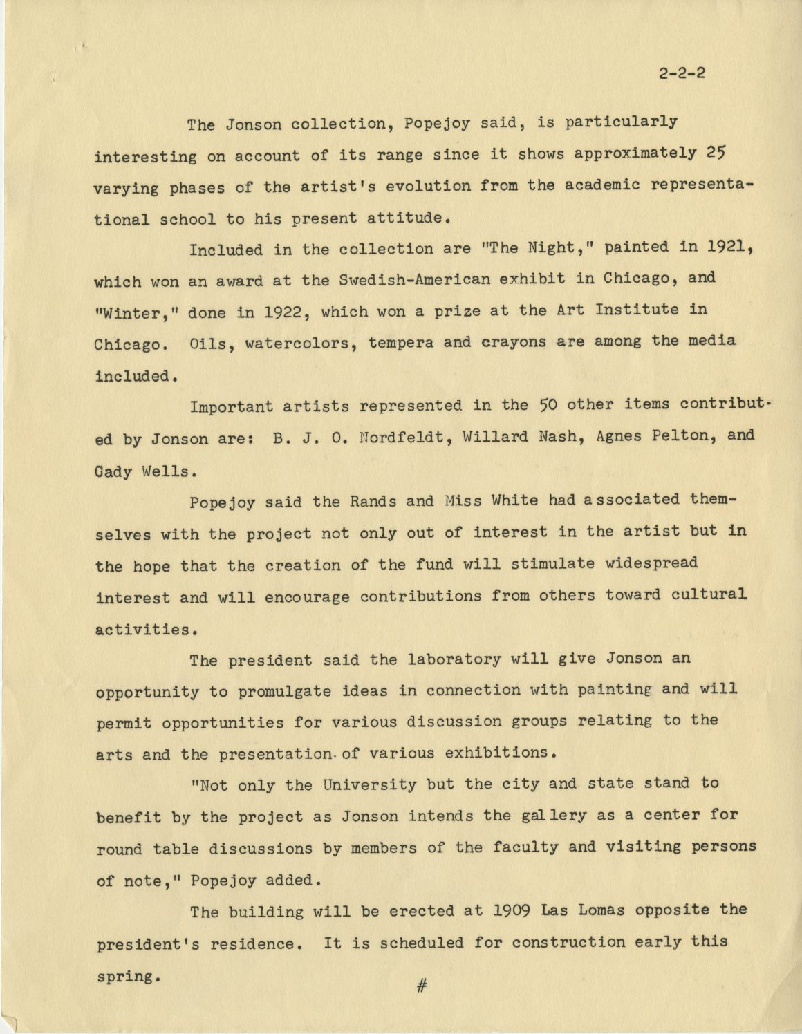 Press Release for Jonson Gallery, 1949.